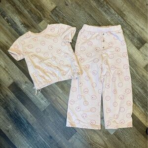 Girls Pink Smiley Face set - size 6 - T-shirt and wide leg pants